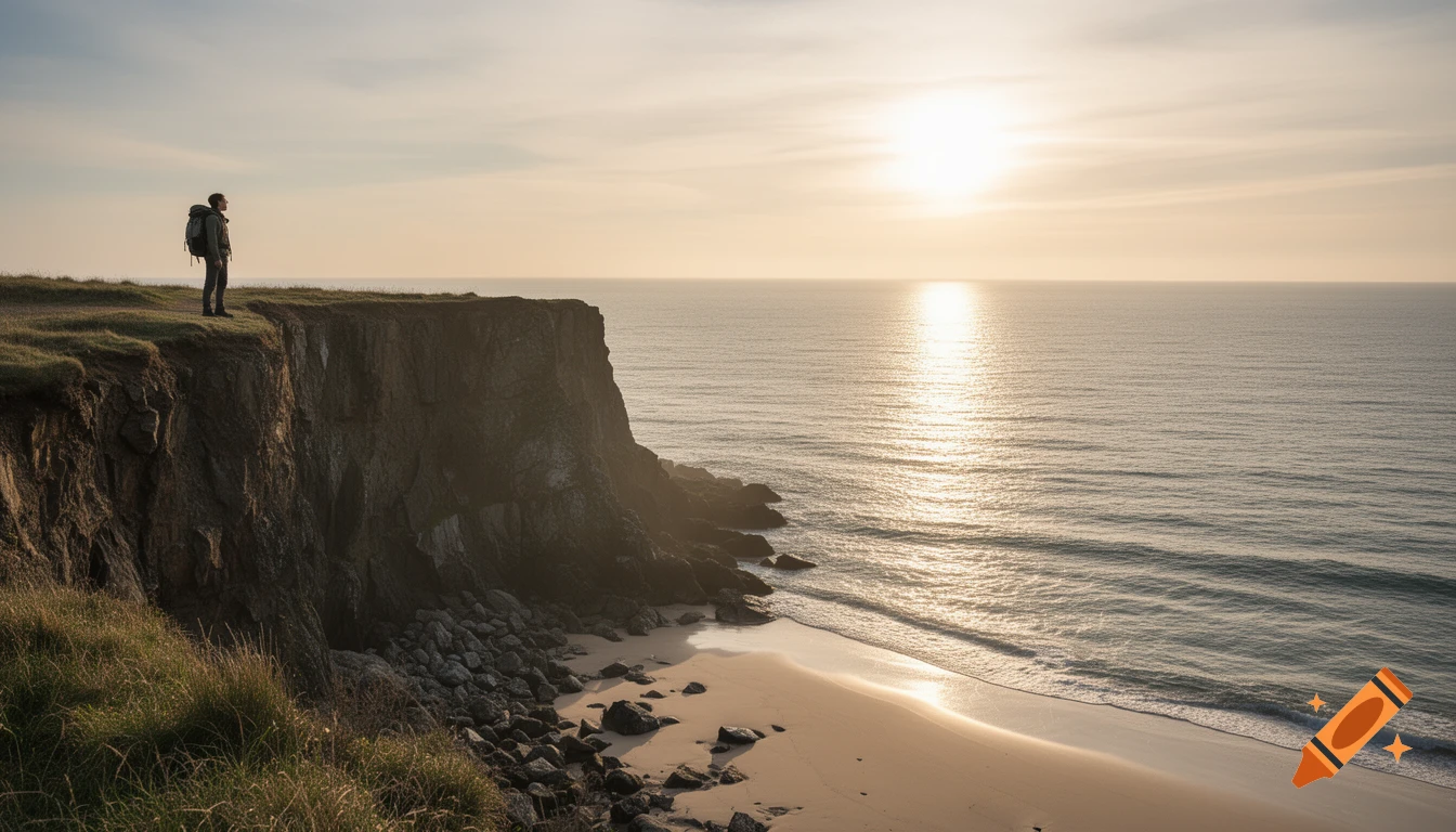 A lone hiker with a backpack stands on a grassy cliff overlooking a sandy beach and the ocean at sunrise, photorealistic.