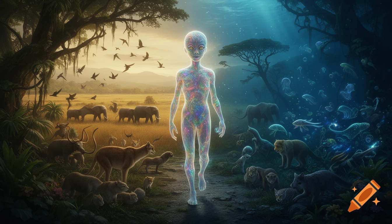 A luminous, colorful alien walks a path dividing a golden savanna with animals and a deep blue underwater scene with glowing creatures.