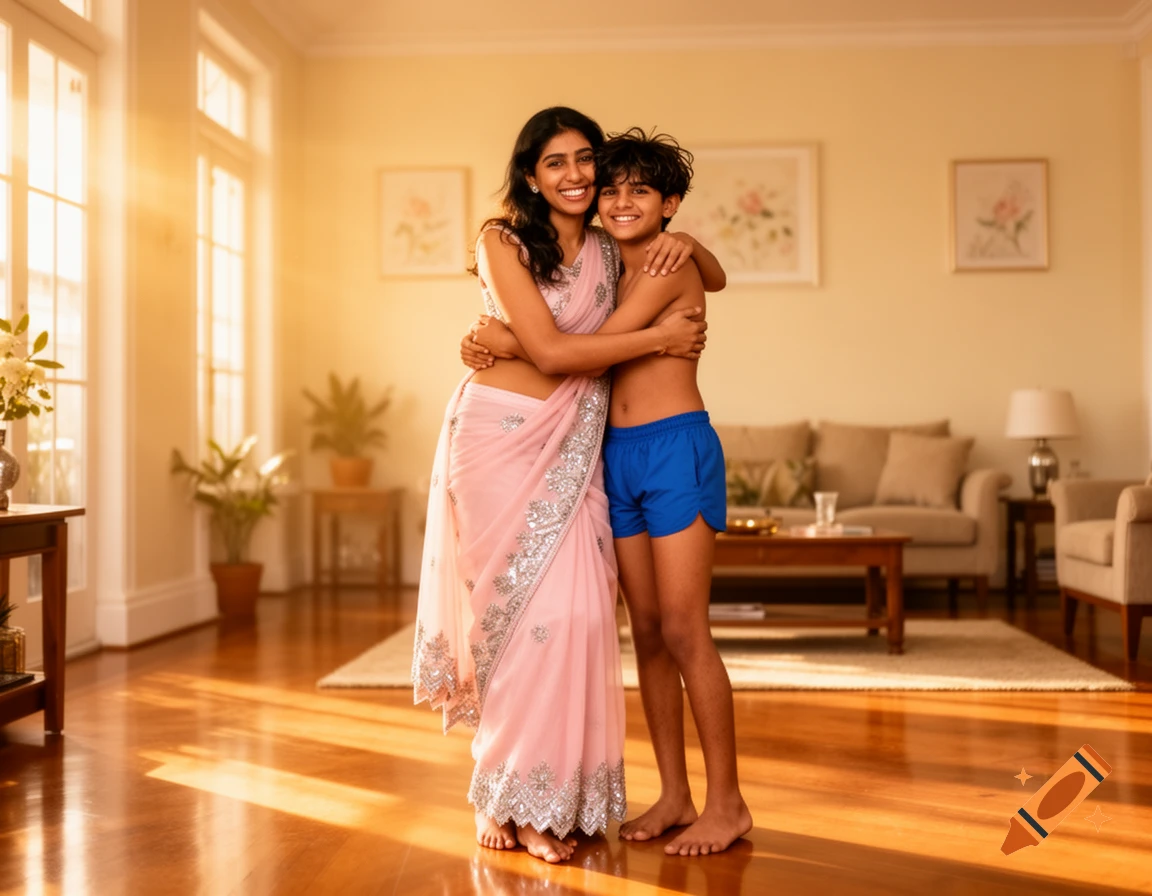 A smiling Indian woman in a pink saree with silver embroidery hugs a boy in blue trunks in a sunlit living room.