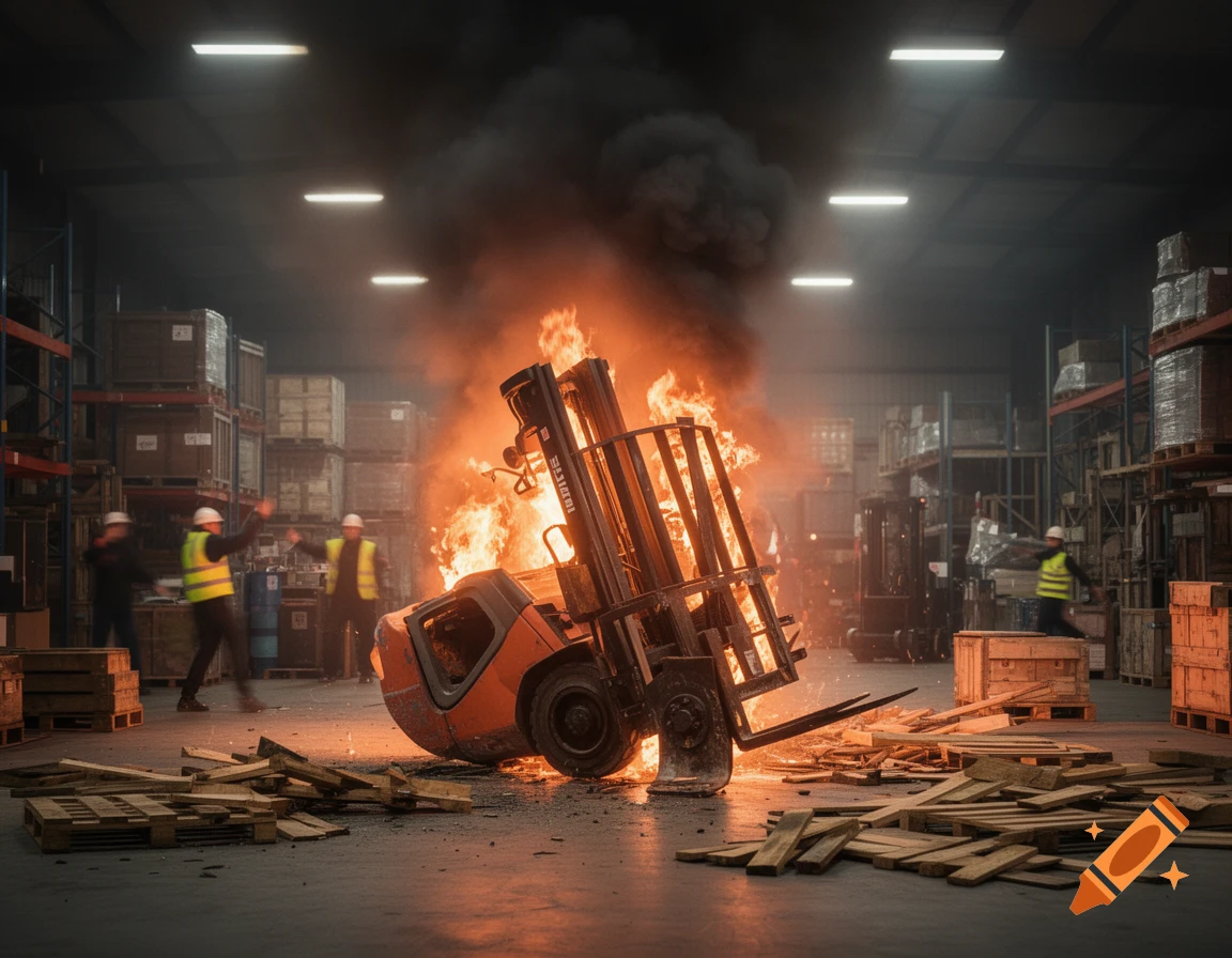 Photorealistic image of a forklift engulfed in flames in a smoky warehouse, with workers reacting to the accident.