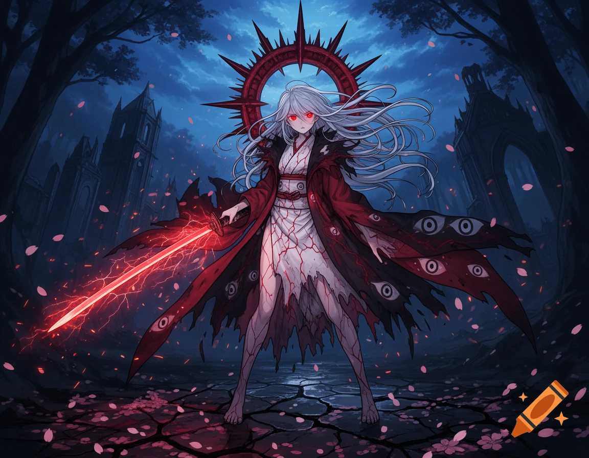 Anime illustration of a white-haired girl with red eyes and a dark kimono holding a glowing red katana in a gothic ruined forest.