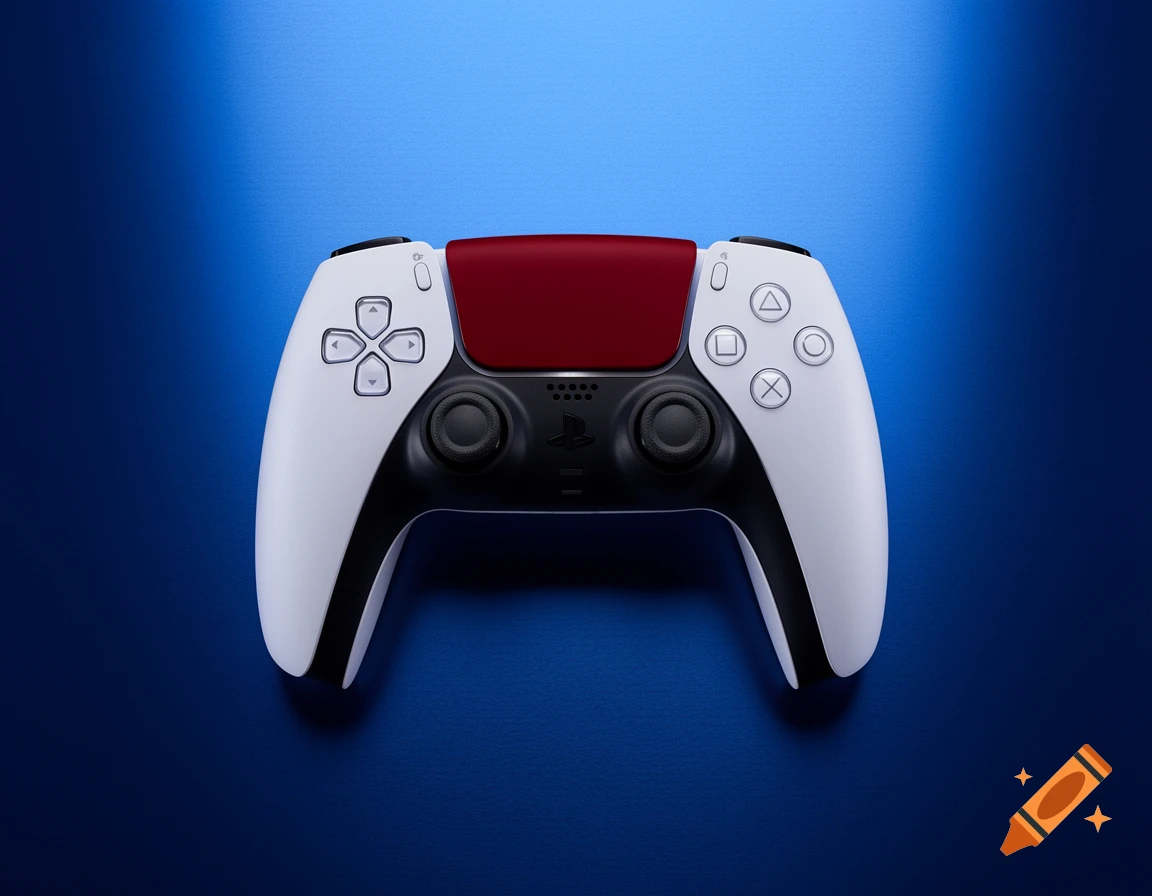 A white PlayStation 5 DualSense controller with a dark red touchpad rests on a glossy blue background.