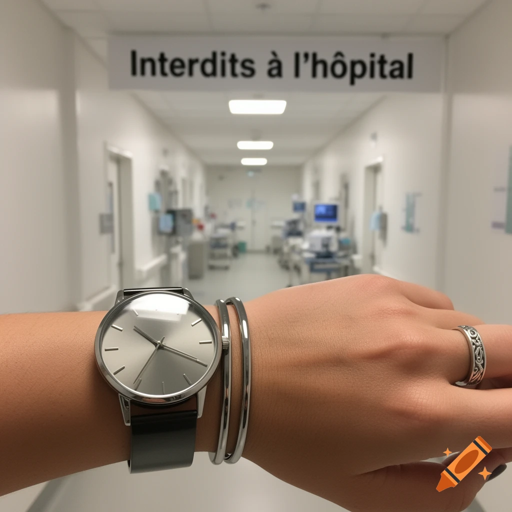Close-up of a person's wrist wearing a silver watch, two silver bracelets, and a silver ring in a hospital hallway with a sign saying "Interdits à l'hôpital" in the background. Photorealistic style.