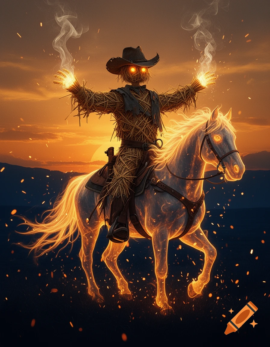 A glowing scarecrow with bright orange eyes and smoking hands rides an ethereal, luminous white horse against a vibrant orange sunset, with sparks falling around them.