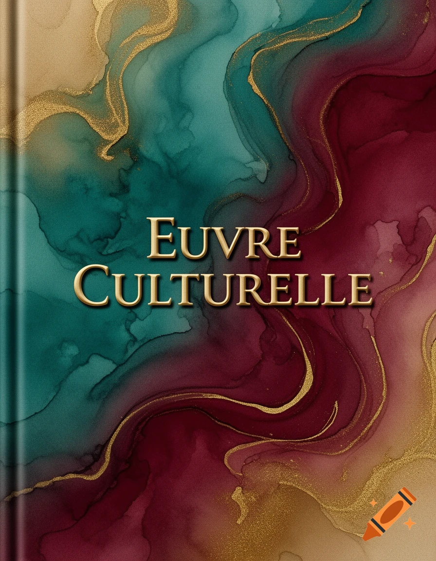 Abstract fluid art with teal, burgundy, and gold swirls, featuring the bold gold text 'EUVRE CULTURELLE' in the center.