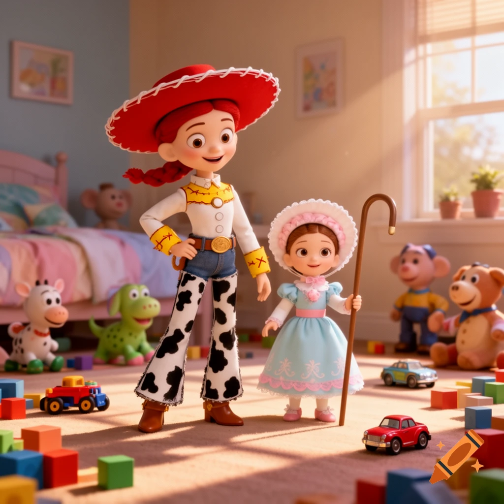 Jessie and Little Bo Peep toys in a child's room, surrounded by colorful blocks and toy cars, in a photorealistic animation style.