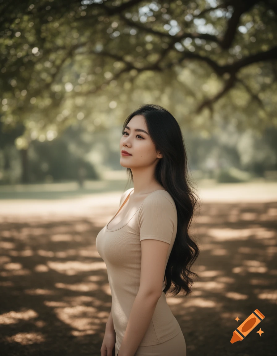 A photorealistic portrait of a young woman with long dark hair, wearing a beige top, looking up in a park with dappled sunlight.