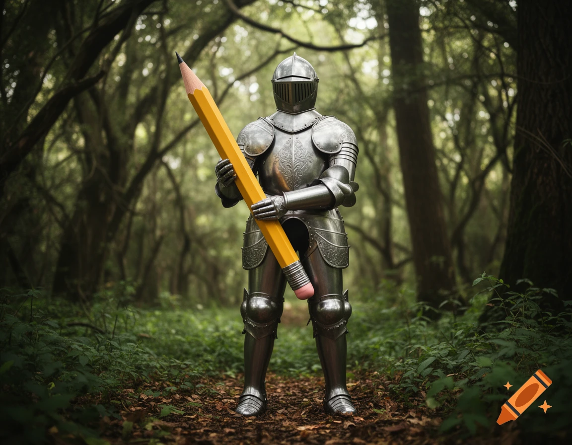 A photorealistic image of a knight in polished silver armor holding a giant yellow pencil like a sword on a woodland path.