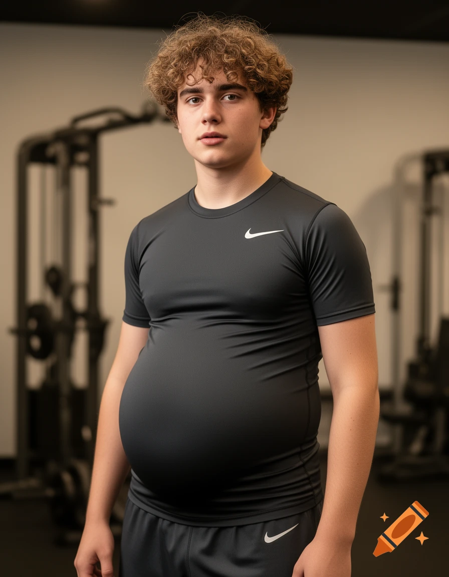A young man with curly hair and a prominent belly wears a black Nike compression shirt and shorts in a gym.