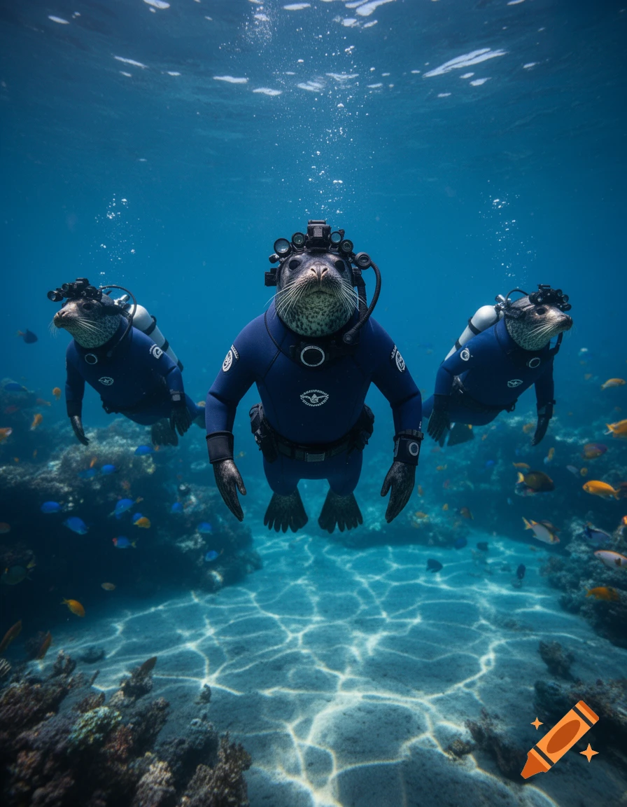 Three seals in full scuba gear swim underwater above a colorful coral reef, surrounded by small fish.