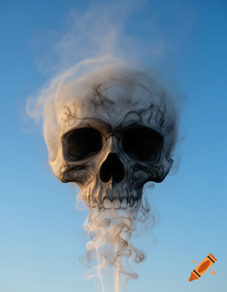A smoke plume vaguely shaped like a skull rises against a clear blue sky.