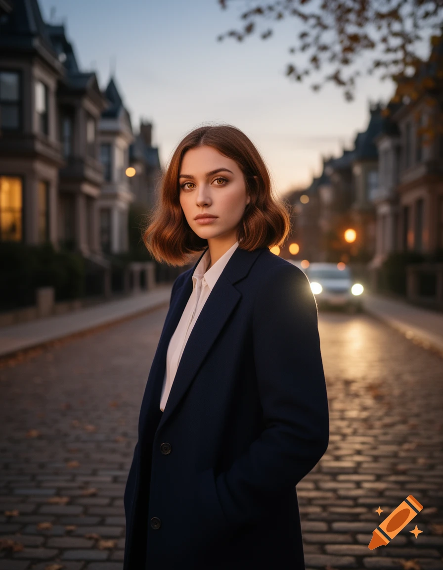 A young woman with auburn hair in a navy coat and white shirt stands on a cobblestone street with row houses at dusk.