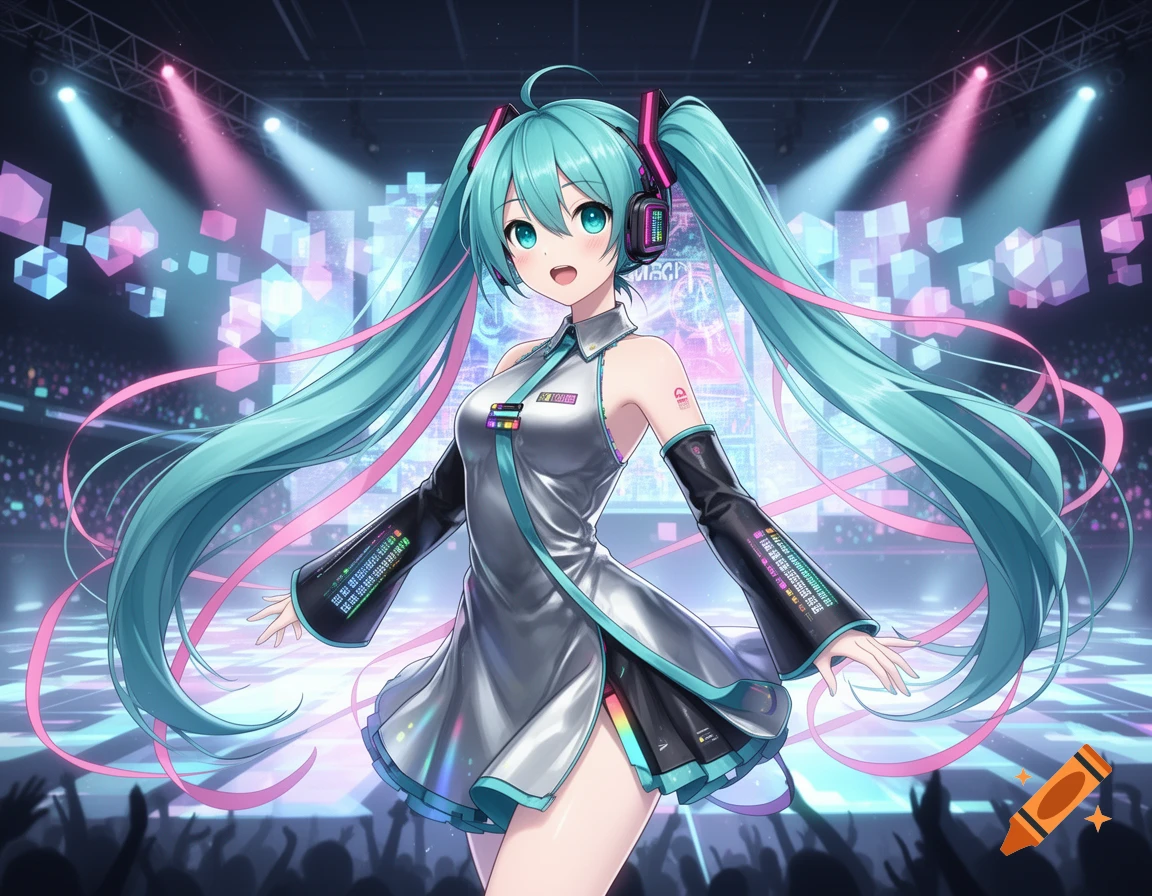 Hatsune Miku, an anime character, performs on a futuristic stage with glowing pink and blue lights and a cheering audience.