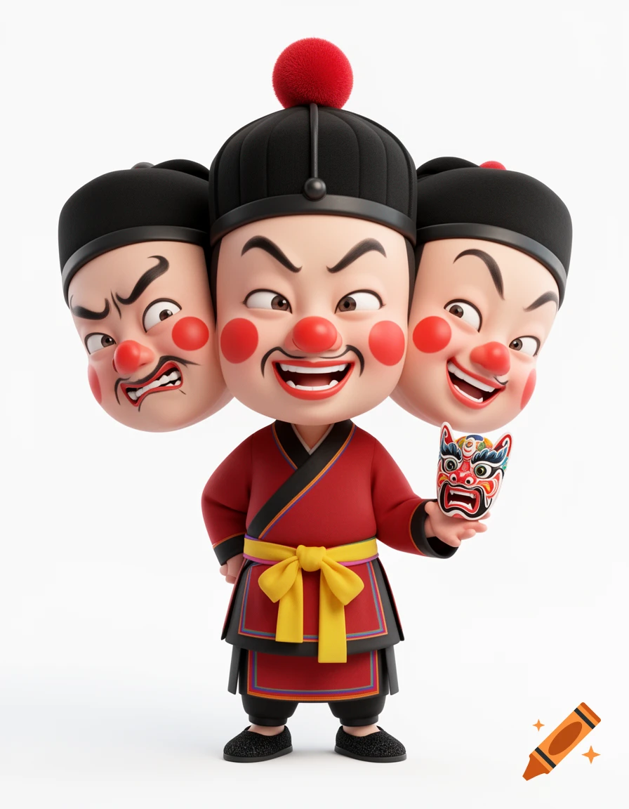 A stylized character with three expressive faces and a red and black traditional costume, holding a miniature opera mask, on a white background.
