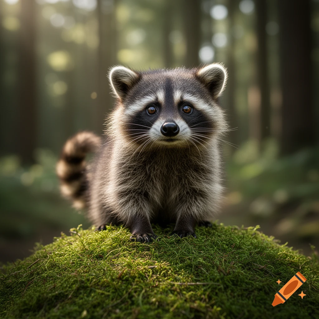 A cute, photorealistic raccoon sits on a mossy mound in a sun-dappled forest, looking directly forward.