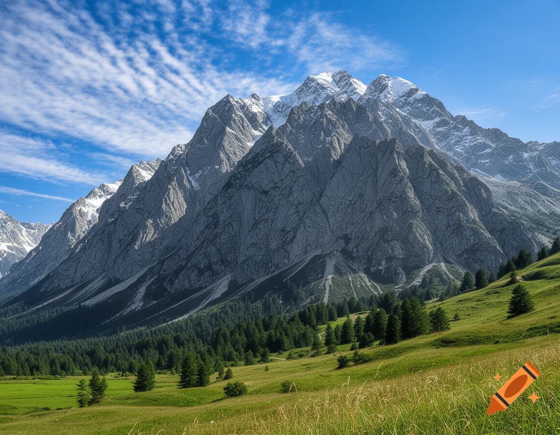 Photorealistic landscape of a grand mountain range with snow-capped peaks, a dark green forest, and bright green meadows under a blue sky with streaky clouds.