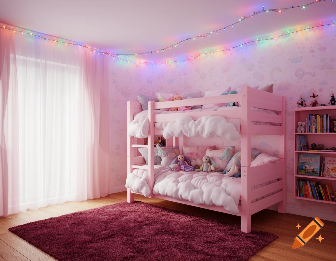 A vibrant child's bedroom with a pink bunk bed, fluffy white bedding, a maroon rug, white curtains, and colorful string lights overhead.