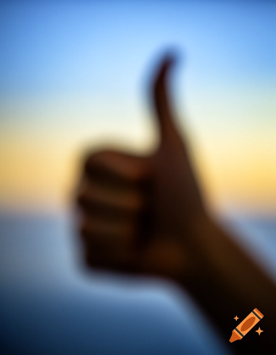 Extremely blurry photo of a hand giving a thumbs up against a blue and yellow gradient sky.