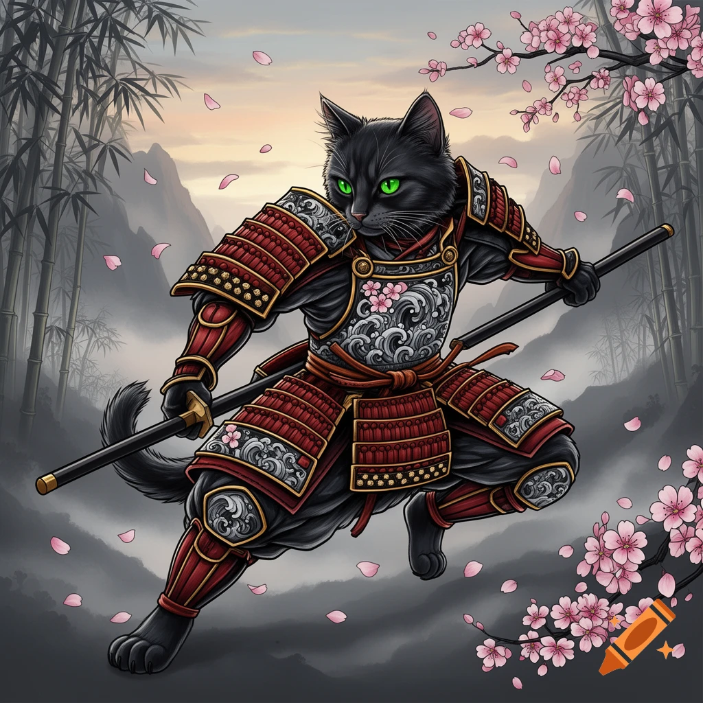 A black cat dressed as a samurai warrior, holding a staff, stands in a dynamic pose under a cherry blossom tree with bamboo in the background, in a detailed illustrative style.