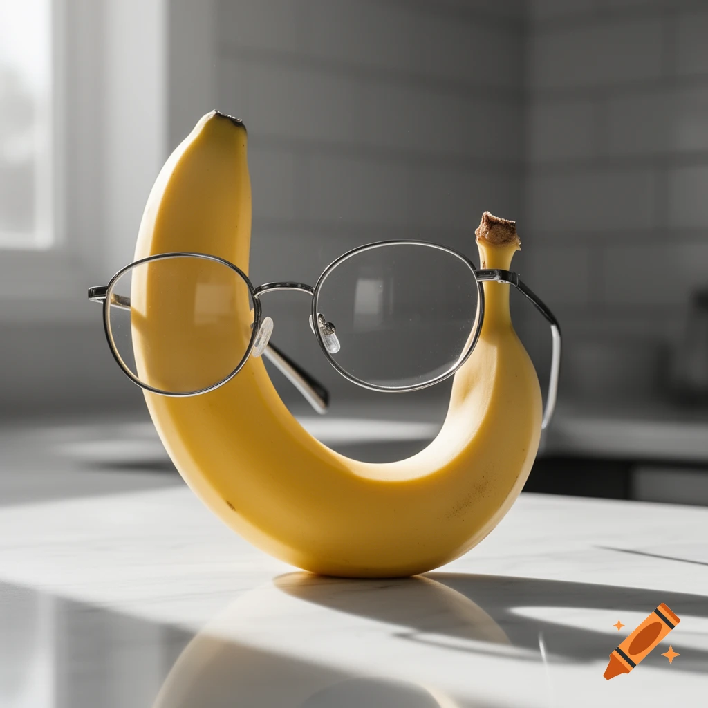 A photorealistic yellow banana wearing silver wire-frame glasses, standing on a white marble counter in a kitchen.