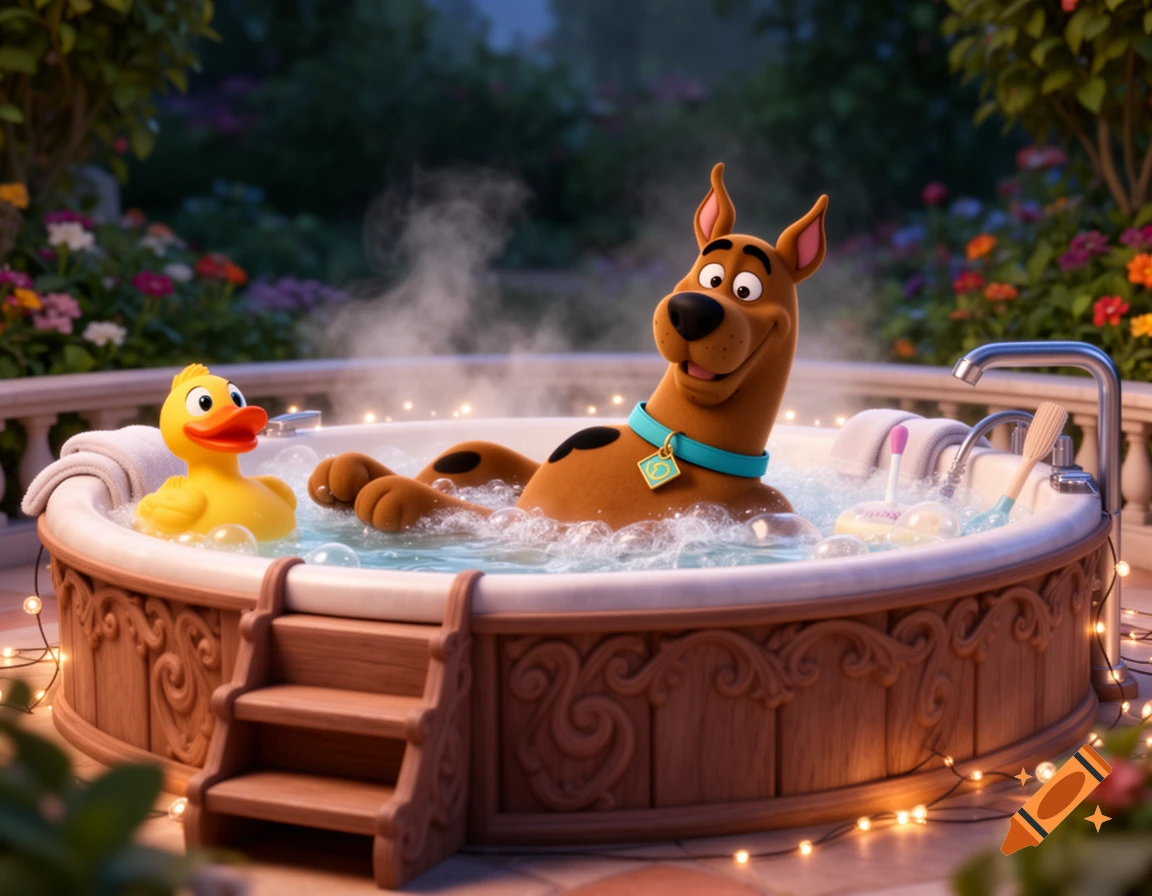 Scooby-Doo relaxing chest-deep in a bubbly hot tub with a yellow rubber duck, in a charming 3D animation style.
