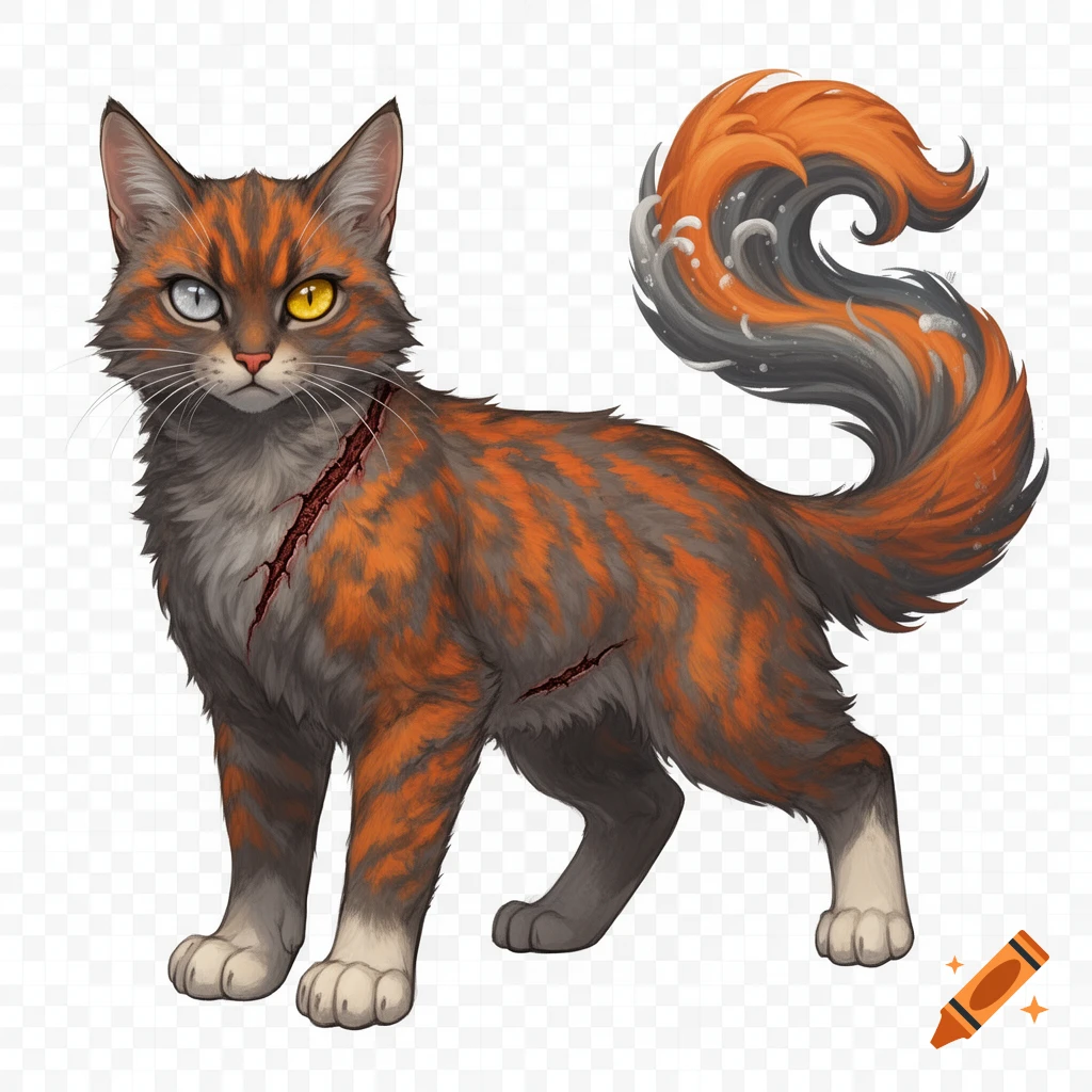 Digital art of a warrior cat with orange and gray striped fur, heterochromia, battle scars, and a swirling wave-patterned tail.