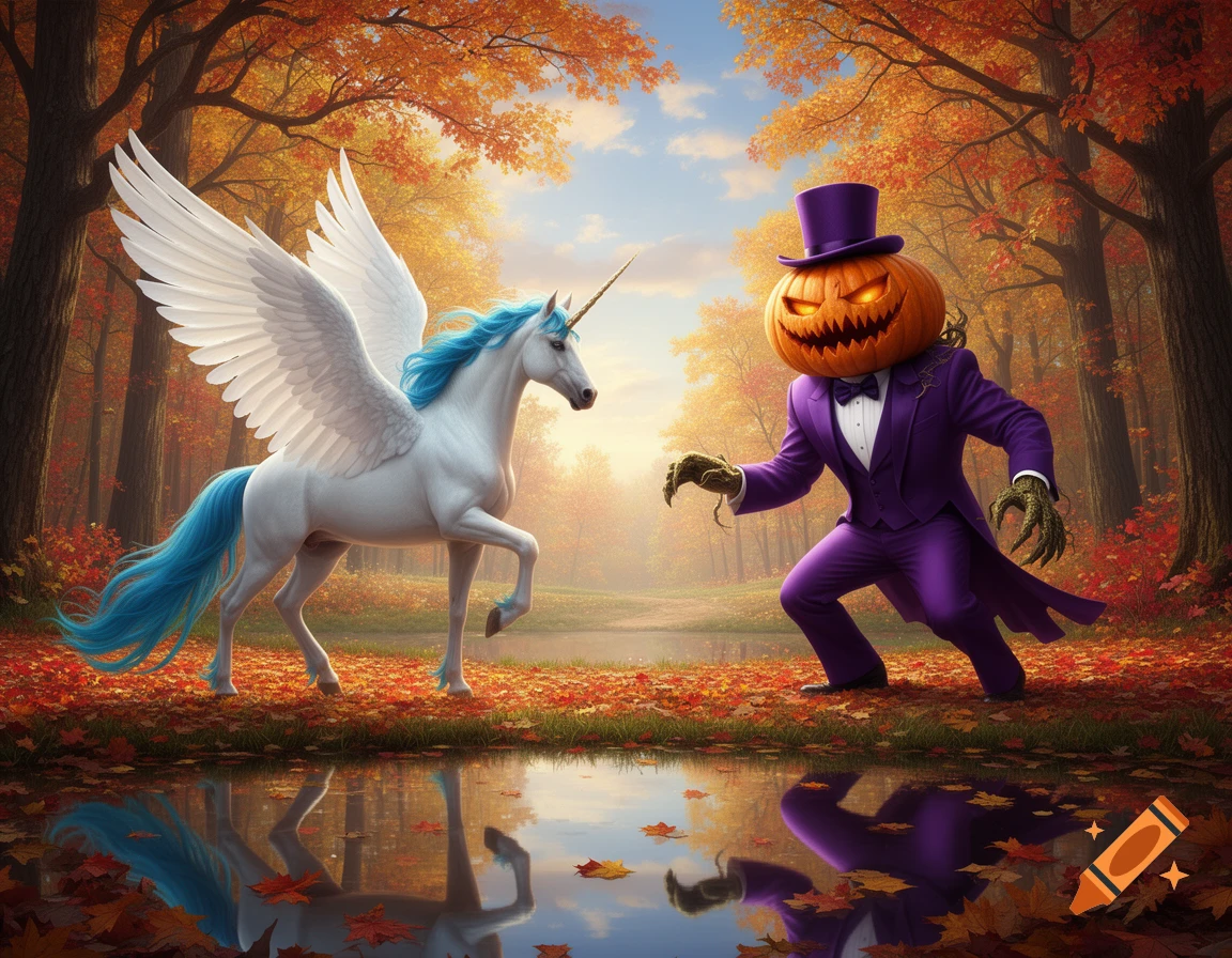 A white winged unicorn with a blue mane and tail faces a pumpkin monster in a purple tuxedo in an autumn forest beside a lake.