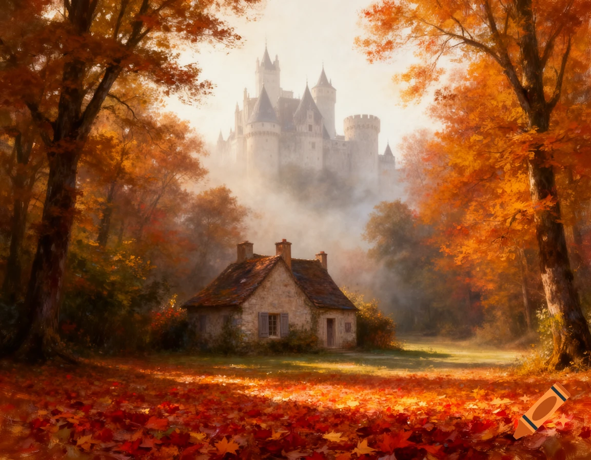 A stone cottage nestled in a vibrant autumn forest with a misty castle in the background, in a painterly style.