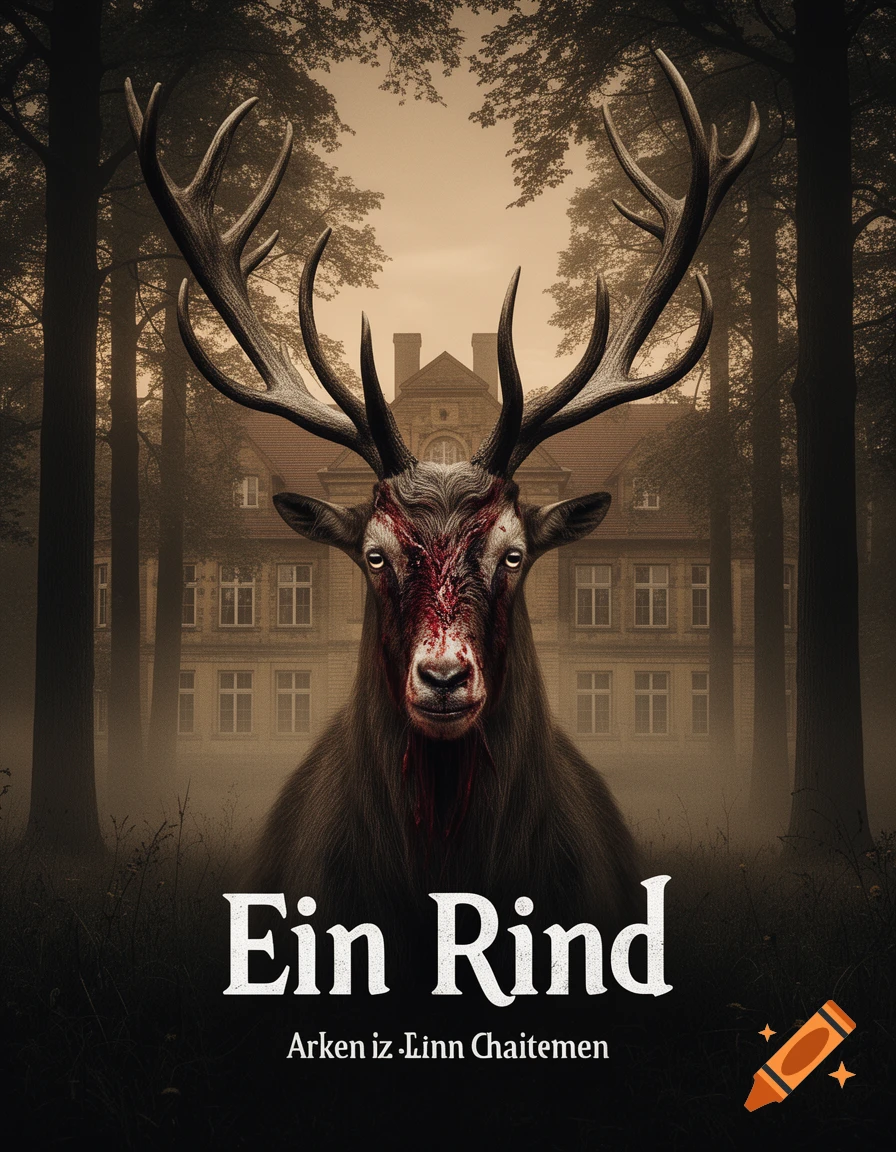 A horror book cover features a deer-like creature with bloody fur on its face and large antlers, standing in a dark, foggy forest in front of an old building. The title "Ein Rind" is at the bottom.