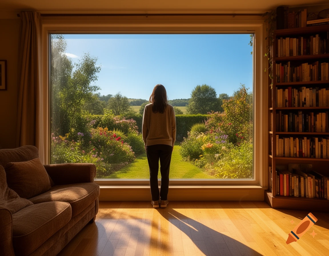 A woman stands with her back to the viewer, looking out a large sunlit window at a vibrant green garden. Inside, a sofa and a tall bookshelf filled with books are visible.