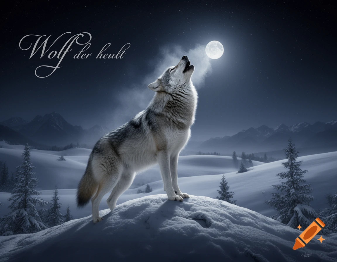 A majestic gray wolf howls at a full moon in a snow-covered mountain landscape at night, with text 'Wolf der heult'.
