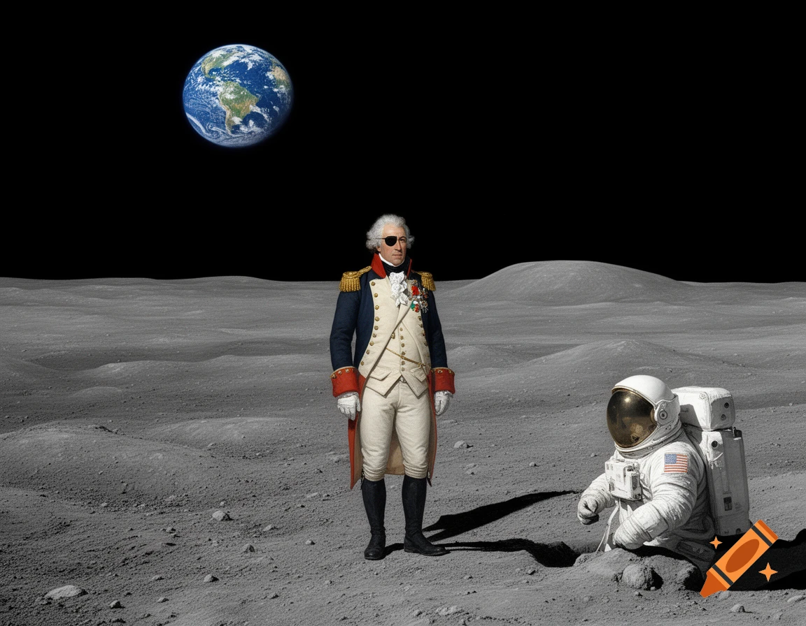 Lord Nelson in military uniform stands on the moon next to a kneeling astronaut, with Earth in the background.