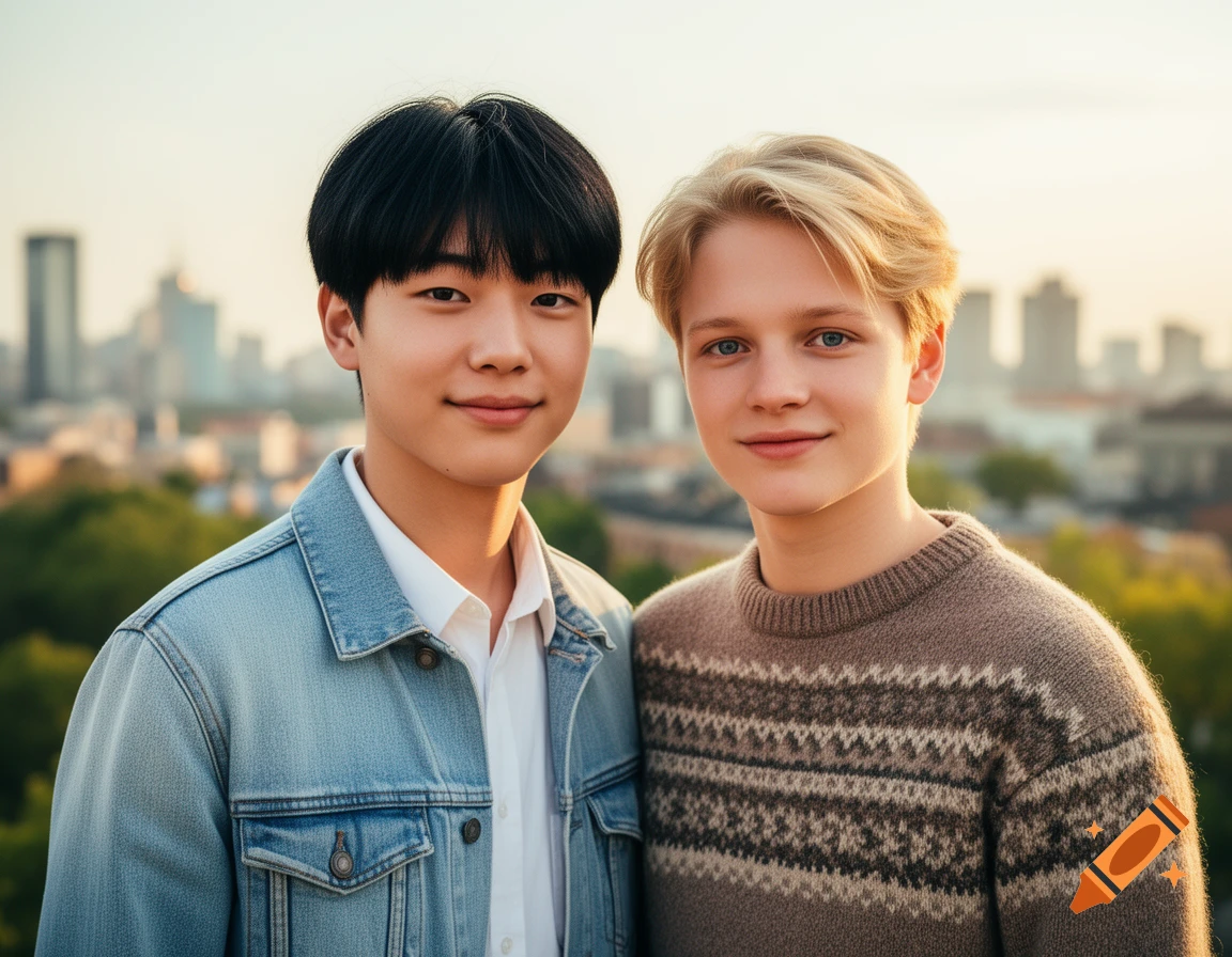 Two young men, one with dark hair and a denim jacket, the other with blond hair and a patterned sweater, smile against a city skyline.