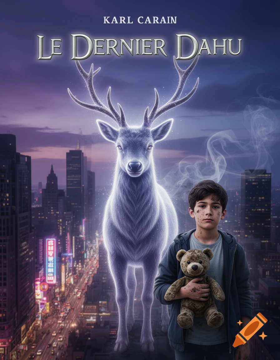 A boy with a teddy bear stands before a glowing white deer against a city skyline at dusk, with book title 'Le Dernier Dahu'.