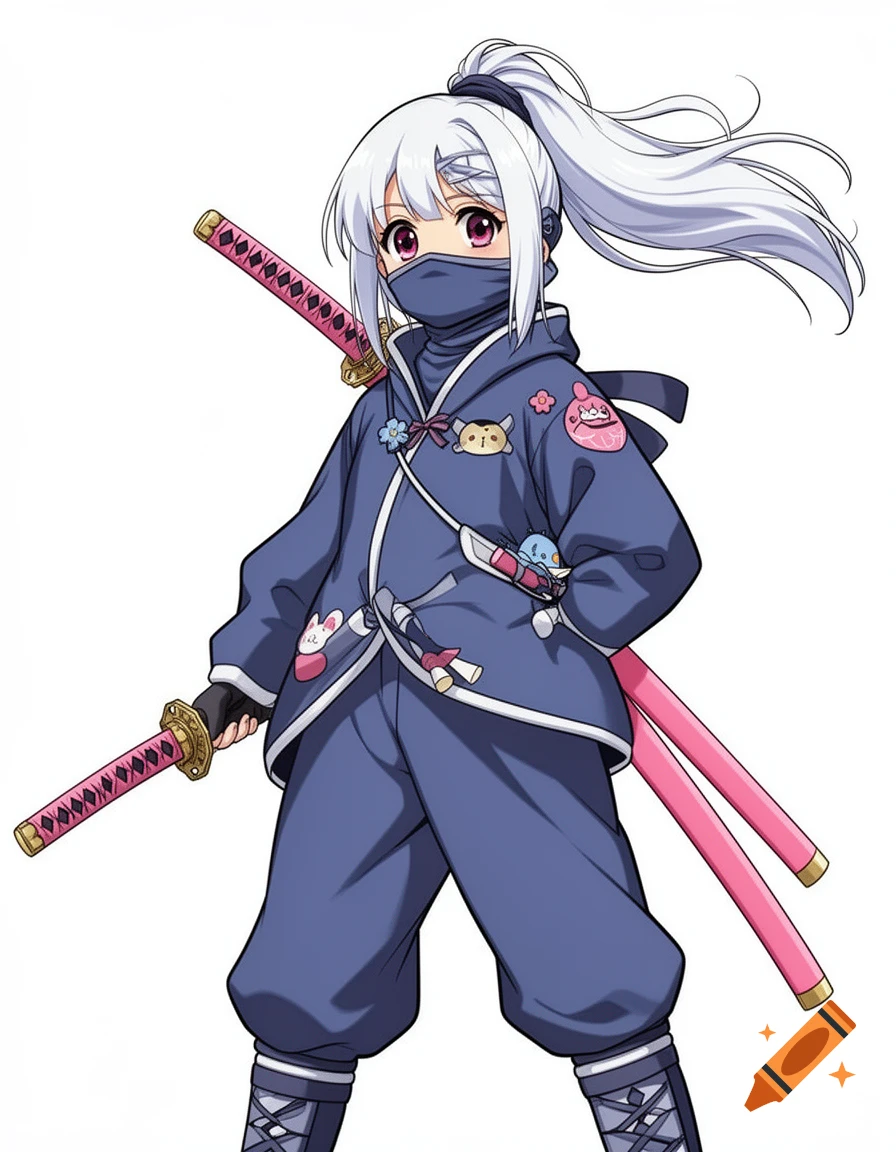 An anime girl with white hair in a ponytail and purple eyes, wearing a blue ninja suit with a mask, holding two pink katanas.