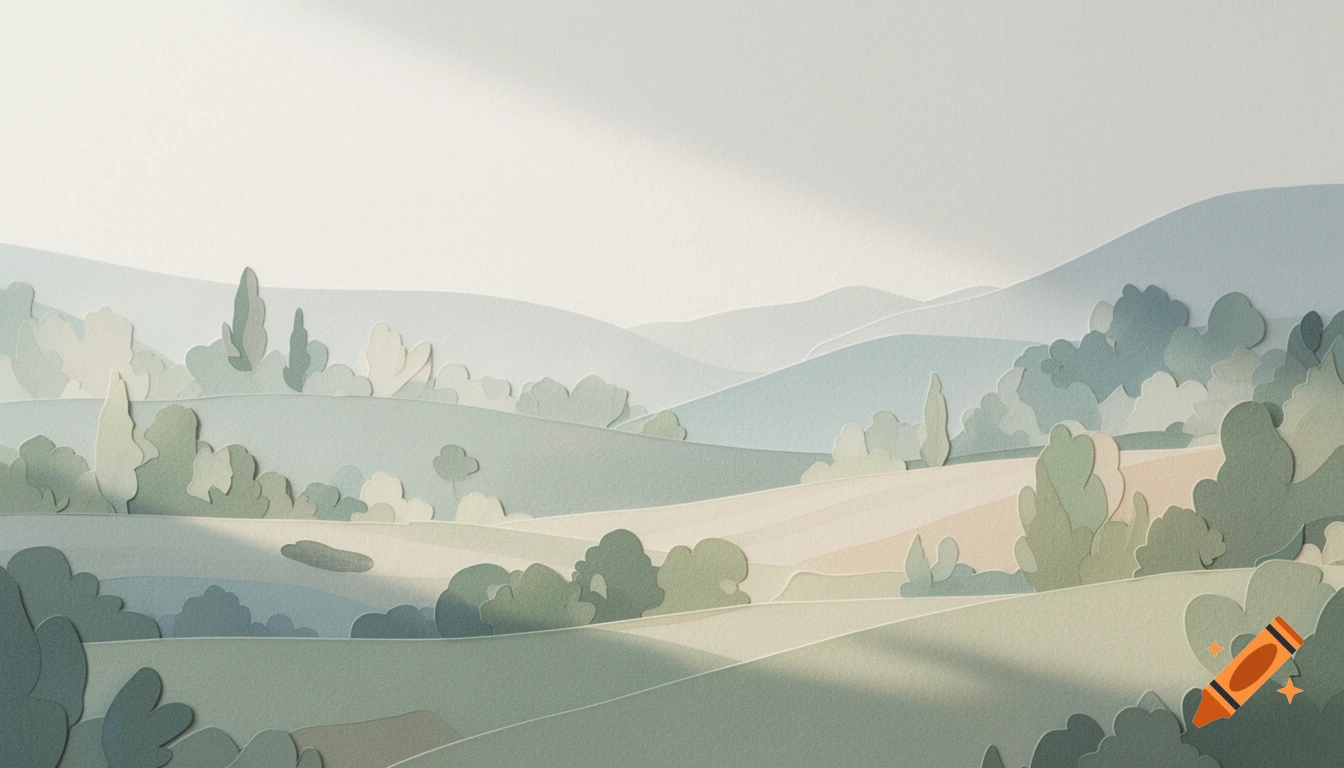 A serene paper-collage style landscape illustration with rolling hills, trees, and layered elements in soft pastel colors.