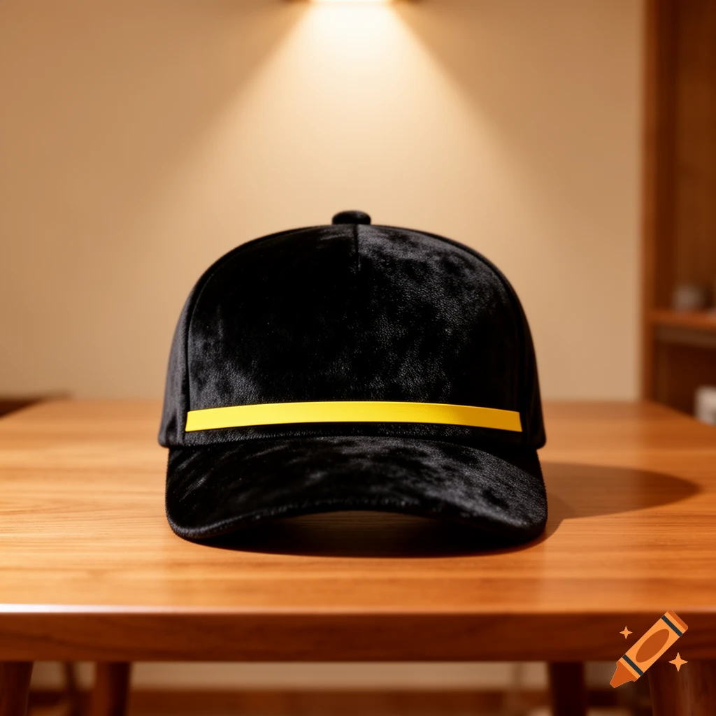 Black velvet baseball cap with a thin yellow stripe on a wooden table, illuminated by spotlights.