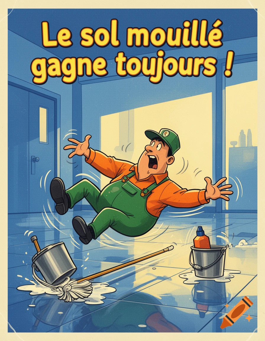 Cartoon janitor slips on a wet tiled floor with spilled mop and bucket, text reads 'Le sol mouillé gagne toujours!'