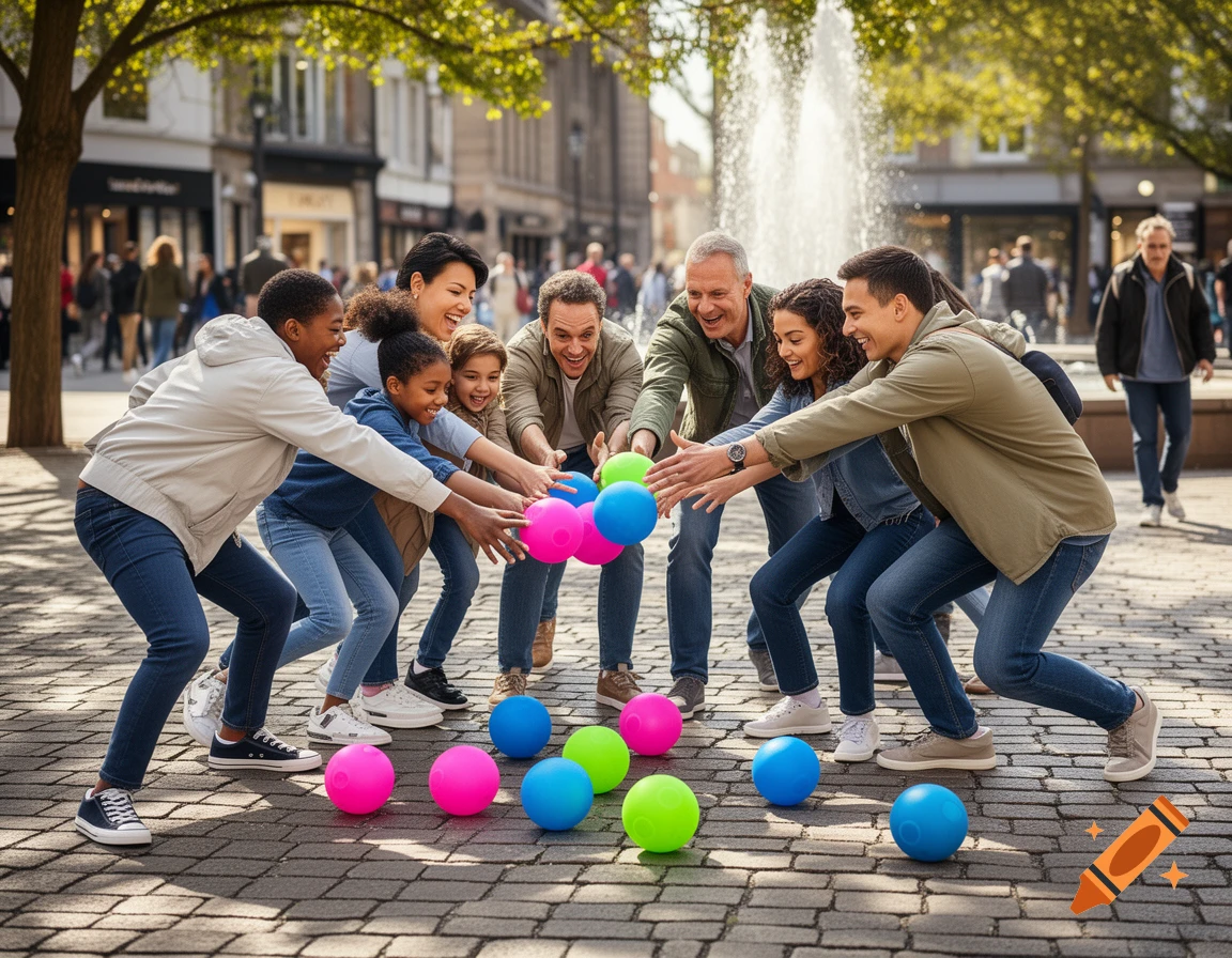 A diverse group of adults and children playfully reach for colorful pink, green, and blue balls on a cobbled street in a sunny city square.