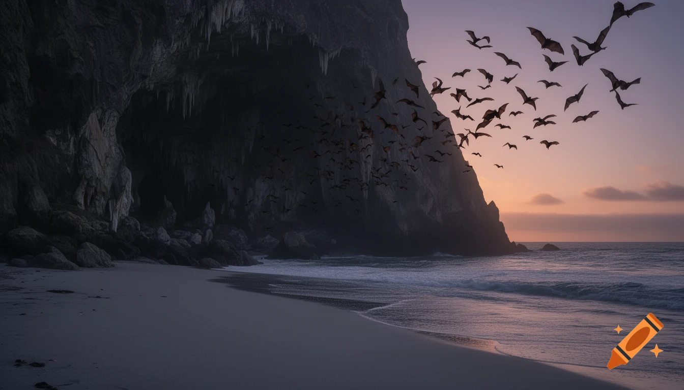 A flock of bats flying out of a dark cave on a sandy beach with the ocean waves at sunset.