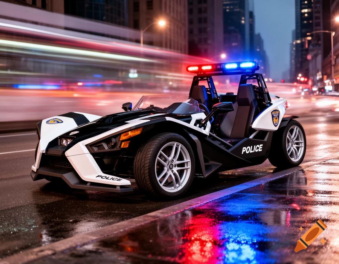 A photorealistic black and white Polaris Slingshot police car with flashing red and blue lights sits on a wet city street at night.