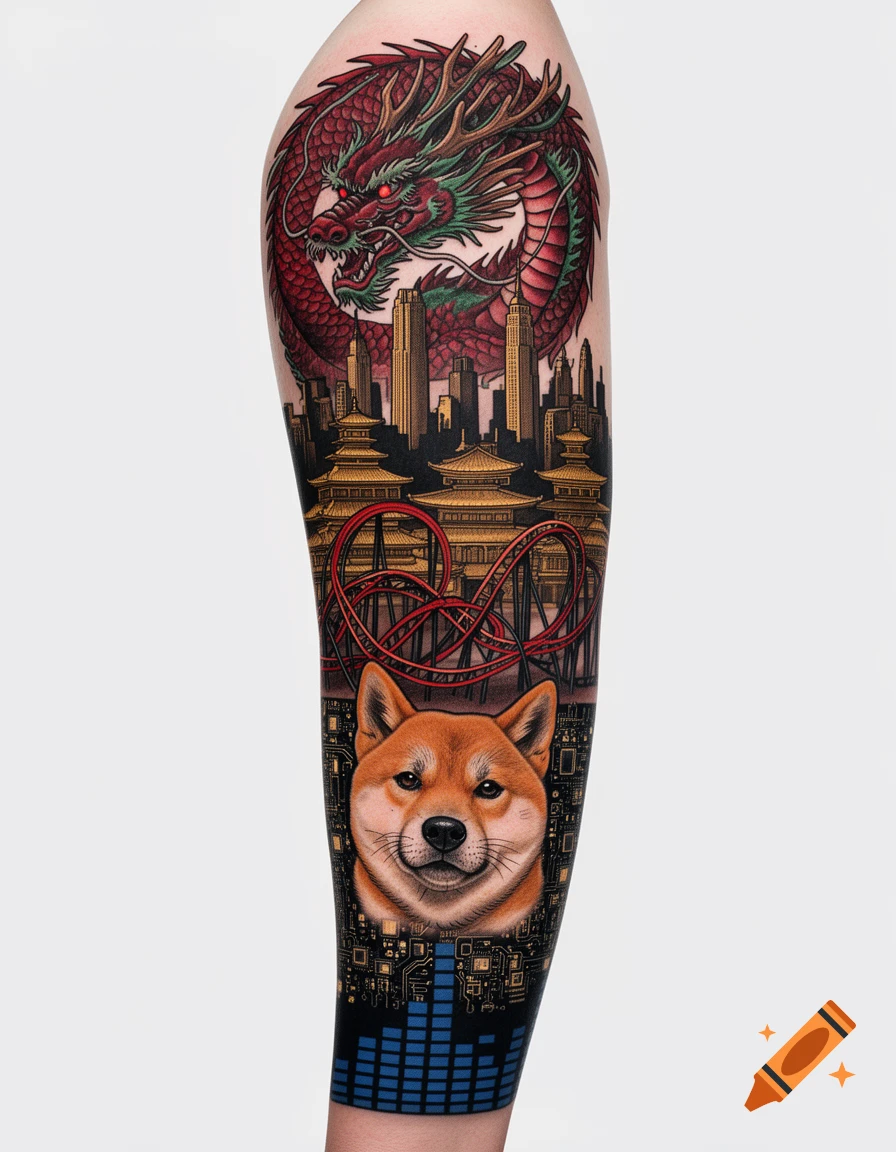 A vibrant neo-traditional tattoo sleeve featuring a red dragon, city skyline, pagodas, a roller coaster, Shiba Inu, and circuit patterns.