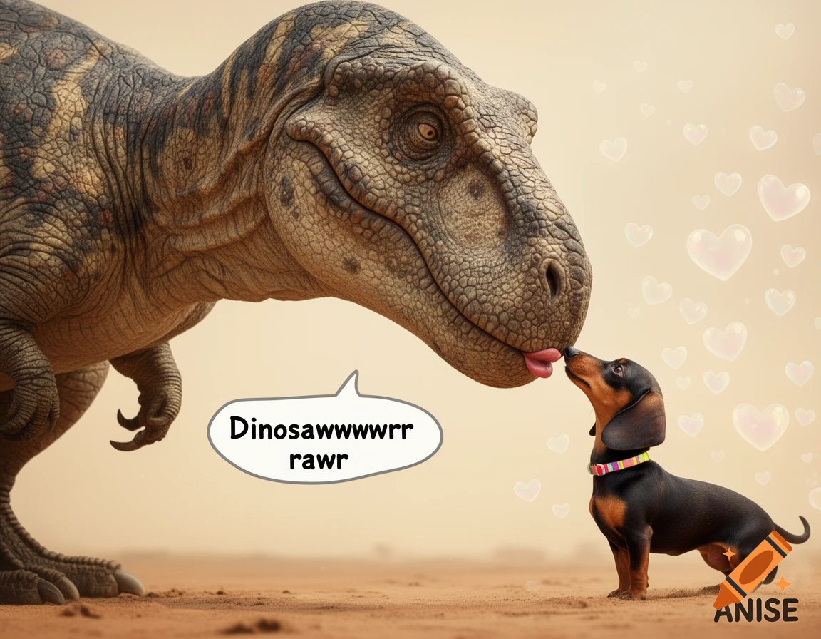 A large dinosaur gently licks the nose of a small dachshund dog in a sandy desert, with floating hearts. Text reads 'Dinosawwwwwrrr rawr'.