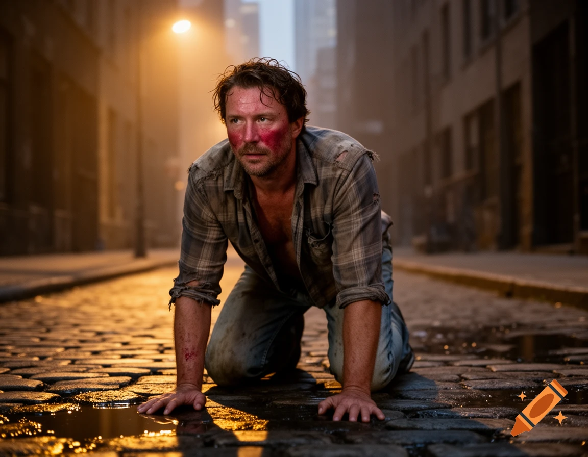 A disheveled man on hands and knees on a wet cobblestone street at night, with streetlights glowing.