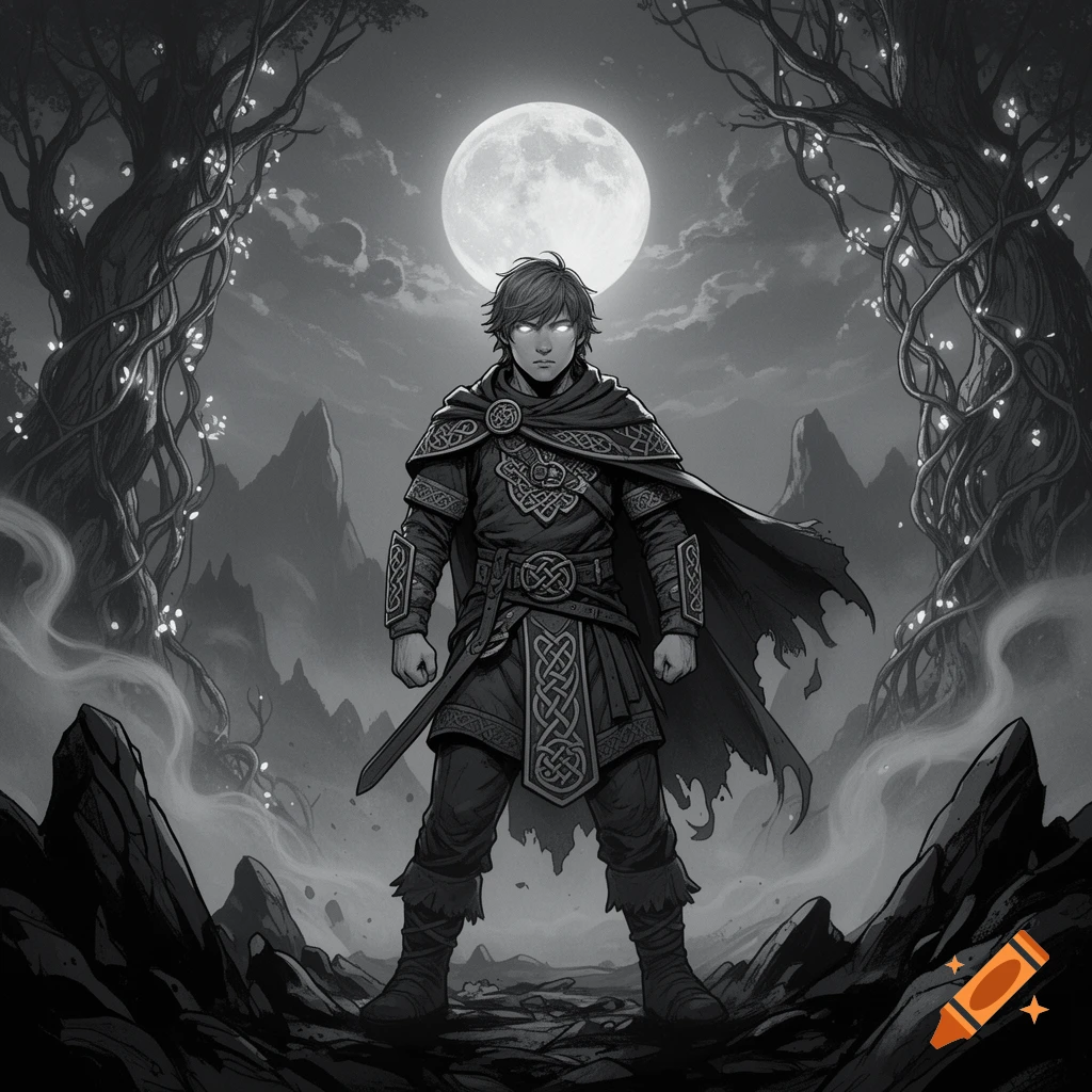 A young warrior in Viking-inspired clothing with glowing eyes stands under a full moon in a dark fantasy, comic book style landscape.