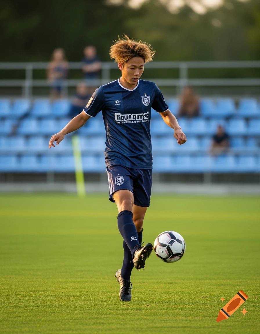 A young male soccer player with spiky light brown hair in a dark blue uniform dribbling a soccer ball on a green field during the day.