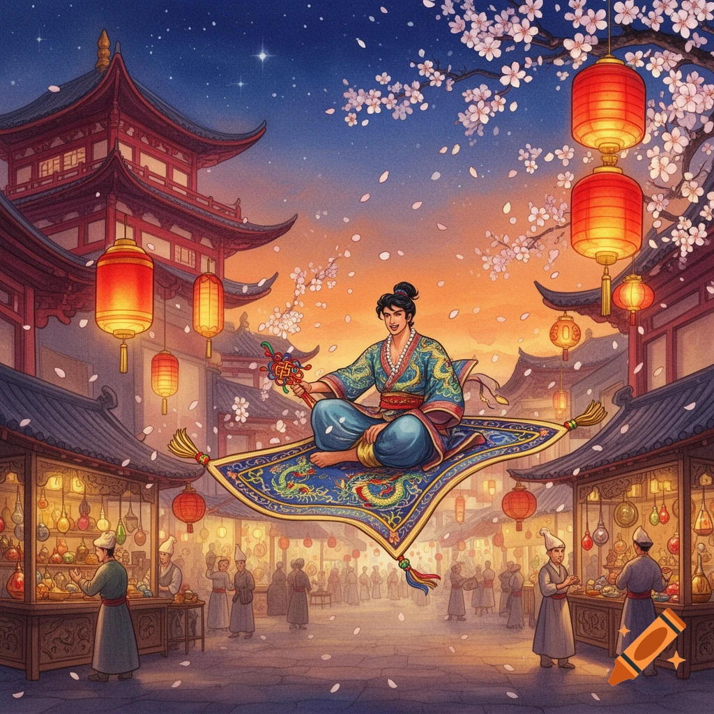 Aladdin flies on a magic carpet over a vibrant Chinese market with pagodas, red lanterns, and falling cherry blossoms at dusk in an illustration.