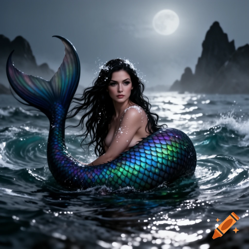 A dark-haired mermaid with a shimmering, iridescent tail sits in the dark ocean at night under a full moon, with rocky islands in the background. Photorealistic style.