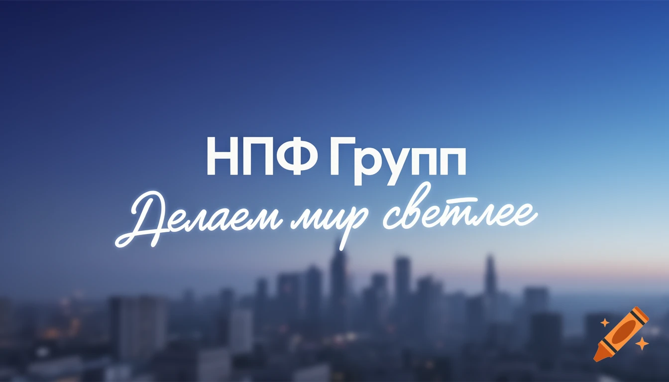 White Russian text "НПФ Групп" and "Делаем мир светлее" over a blurred blue cityscape at dusk.