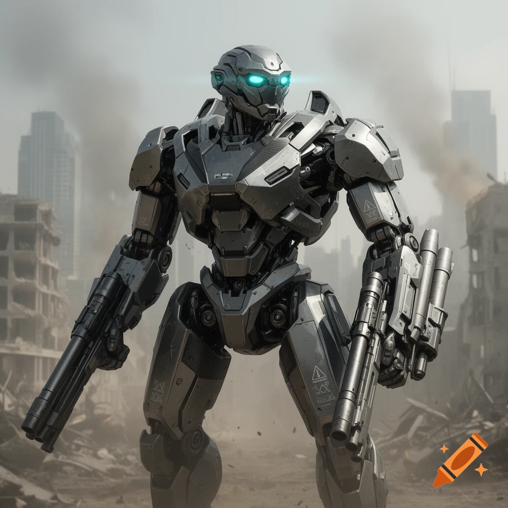 A heavily armored futuristic war robot with glowing blue eyes stands in a ruined city holding two large weapons.